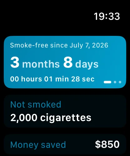 The Apple Watch app. Smoke-free for 3 months 8 days, 2,000 cigarettes not smoked