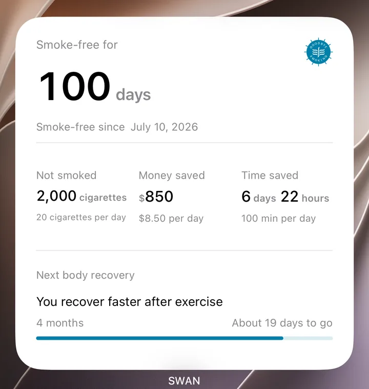 Large Home Screen widget. Smoke-free for 100 days, per-day values and the next body recovery, You recover faster after exercise, about 19 days to go