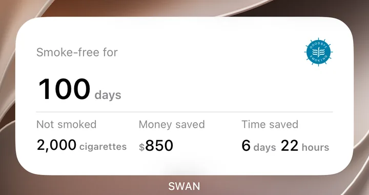 Medium Home Screen widget. Smoke-free for 100 days, 2,000 cigarettes not smoked, $850 saved, 6 days 22 hours saved