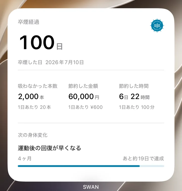 ホーム画面の大サイズのウィジェット。卒煙経過100日、1日あたりの値、次の身体の変化「運動後の回復が早くなる」まであと約19日